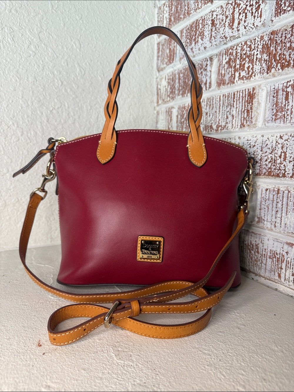 Dooney & Bourke Wine Leather Shoulder Bag with Tan Trim